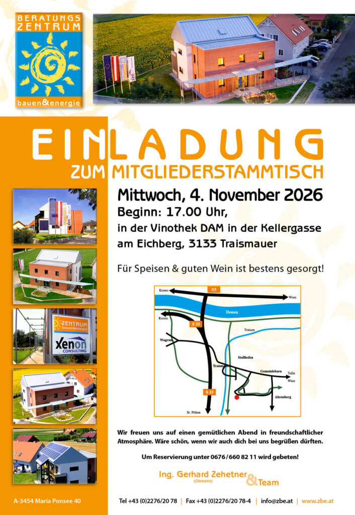 Flyer zur Einladung "Mitglieder-Stammtisch 2026" im Zentrum für Bauen und Energie, Maria Ponsee